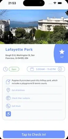 Detail of an open place, with opening hours, address, directions, accessibility and a star rating