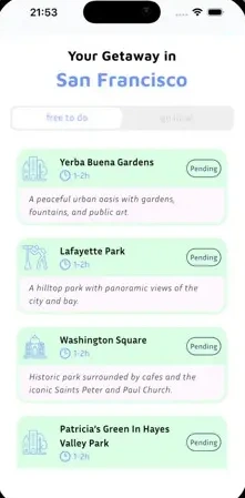 List of places for a getaway in San Francisco, each marked as still to visit