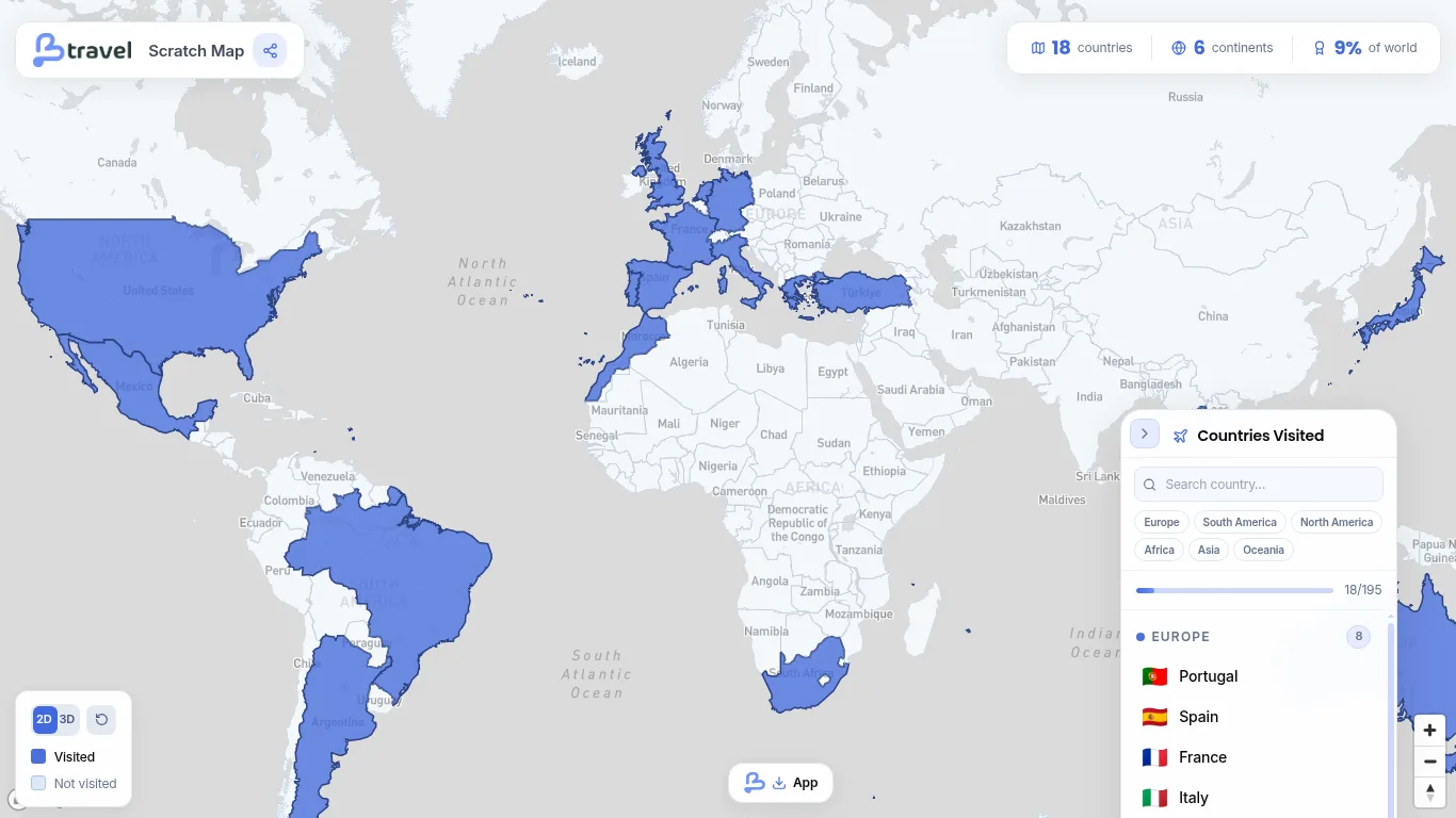 World map in the Scratch Map, with the visited countries painted in blue