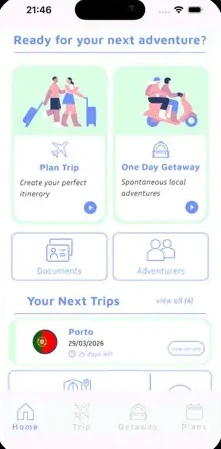 App home screen with shortcuts to plan a trip, a one-day getaway, documents and upcoming trips